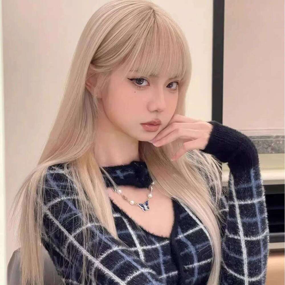 Blonde Synthetic Wig Women Show White Natural Age Reduction Bangs Soft All-Match Style Long Straight Hair Full Head Cover