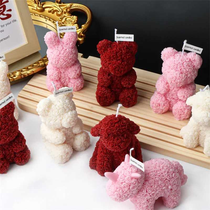 3D Cute Rose Bear Aromatherapy Candle Flowers Animal Bear Dog Rabbit Childrens Gift Decor Mold for Wedding Valentines Day Decoration W250704