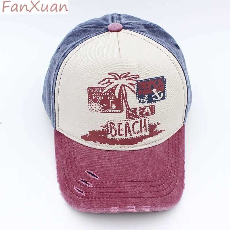 Mens Cap Summer Beach Sun Hat Wen Adjustable Washed Cotton Retro Ripped Baseball Cap Fashion Printing Hip Hop Snapback Hats X250704