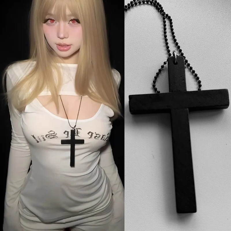 Gothic Cool Y2K Wood Cross Pendants Necklaces Unisex Black White Red Hip Hop Charm Chain Choker Necklace Fashion Jewelry 250701