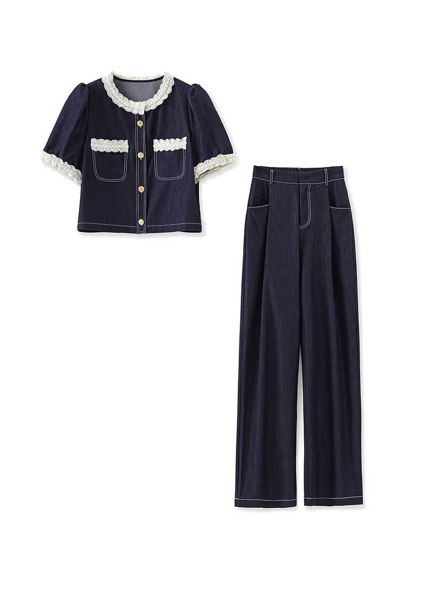 ZJYT Womens High Strt Fashion Denim Two-Piece Set Short Slve Top And Jeans Pants Summer Casual Outfit Blue Suits 2025 New X250704