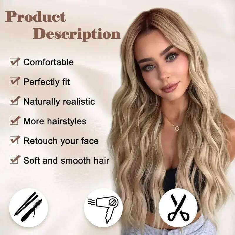 Synthetic Long Lace Matte Silk Ombre Platinum Blonde Wavy Wig Women 26 Inch Curly Middle Part Extension for Daily