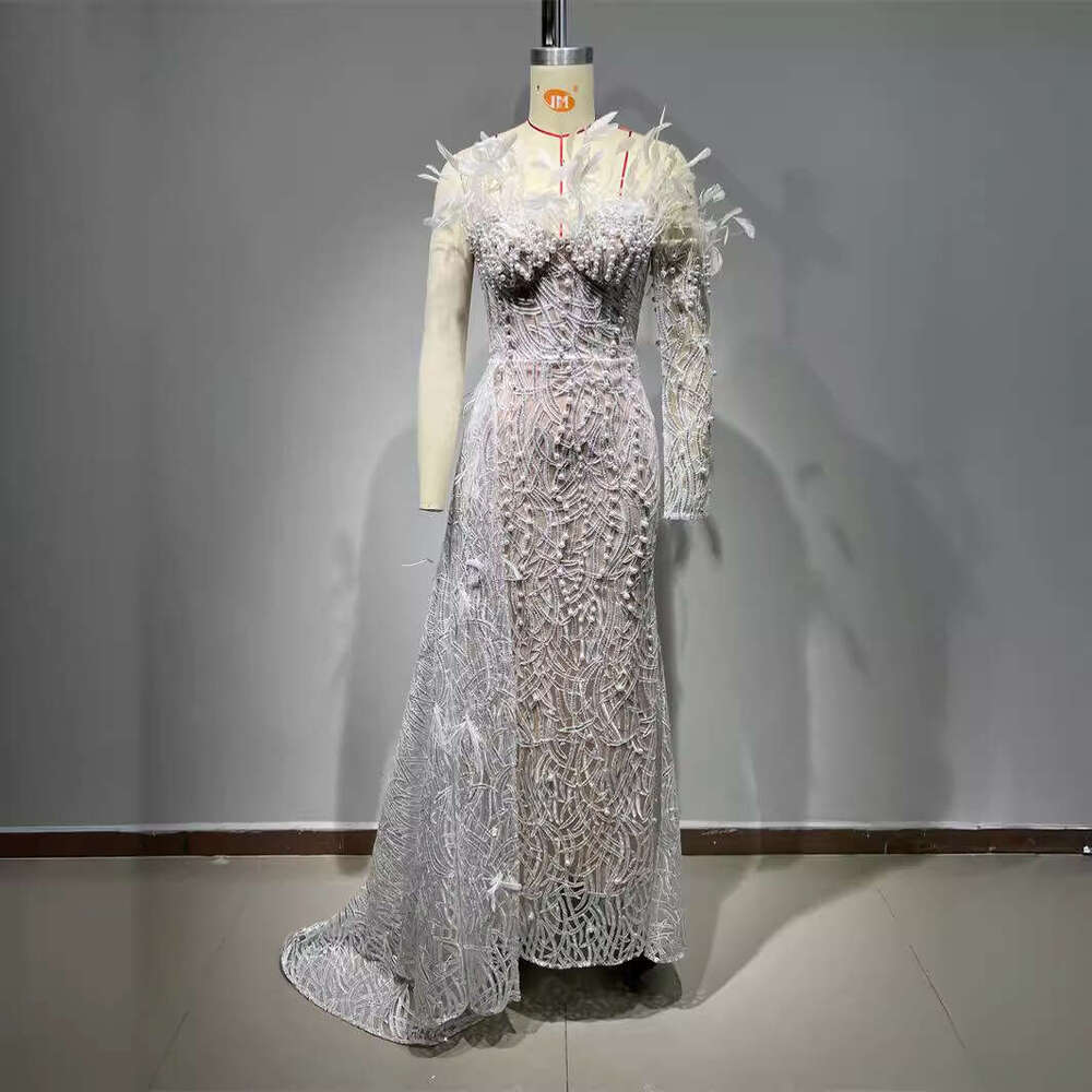 White Skirt Maxi Skirt D Feather Beaded Sequin Embroidered Strapless Dress Haute Couture Evening Wedding Party Gown Long Skirt