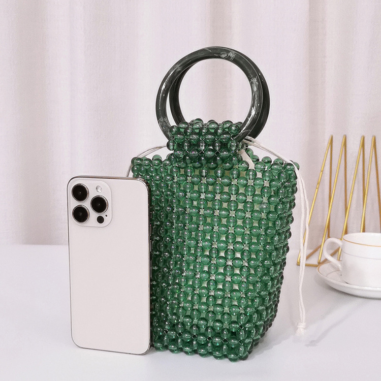 Free Shipping Designer's New Handmade Bead Crystal Jade Transparent Handbag Acrylic Hollow Bucket Beach Women's Handbag