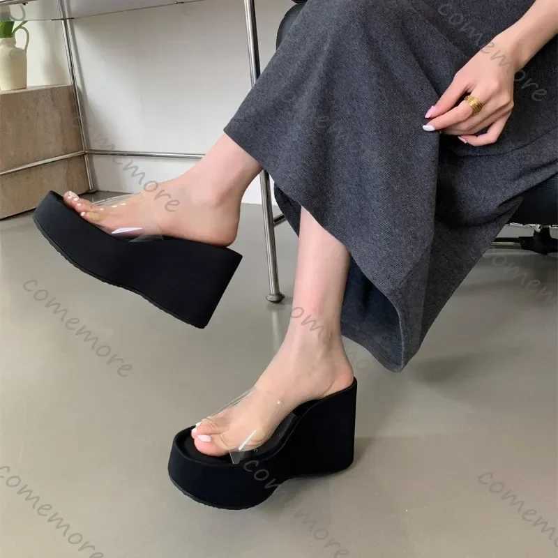 Comemore Summer Chunky Woman Slippers Fashion PVC Transparent Platform Wedges Slides Ladies Casual Outdoor Beach Sandals Shoes W250704