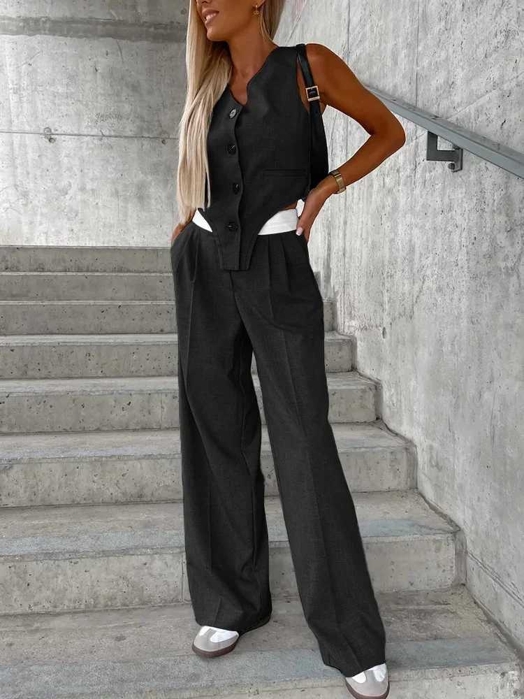 2025 Autumn Casual Suit sets for women 2 pieces V-neck Slveless Colorblock Vest Top Ruched Pants Set Trousers Y2K Mujar X250704