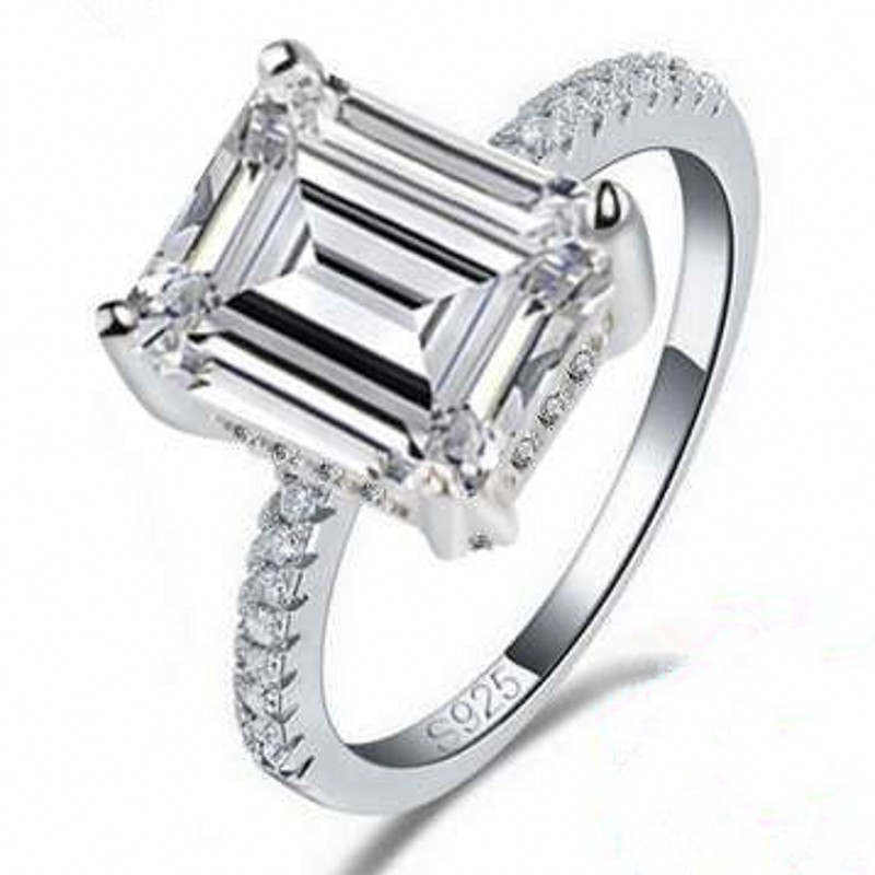 Designer 3ct Emerald Cut Lab Diamond Ring Sterling Silver Jewelry Engagement Wedding Band for Women High Quality Textured Bridal Party Gift