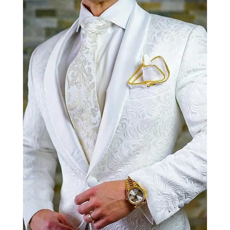 100% Cotton Mens Suits One Button White Jacquard Slim Fit Male Clothing Shawl Lapel Skinny 2 Piece Jacket Pants Outfits Full Set X250704