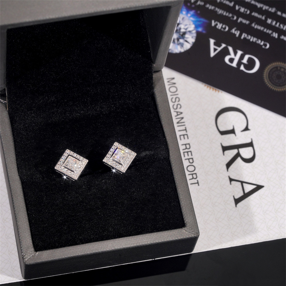 New Arrivals Top Quality Square Princess Cut Stud Earring 925 Sterling Silver Moissanite Diamond Earrings