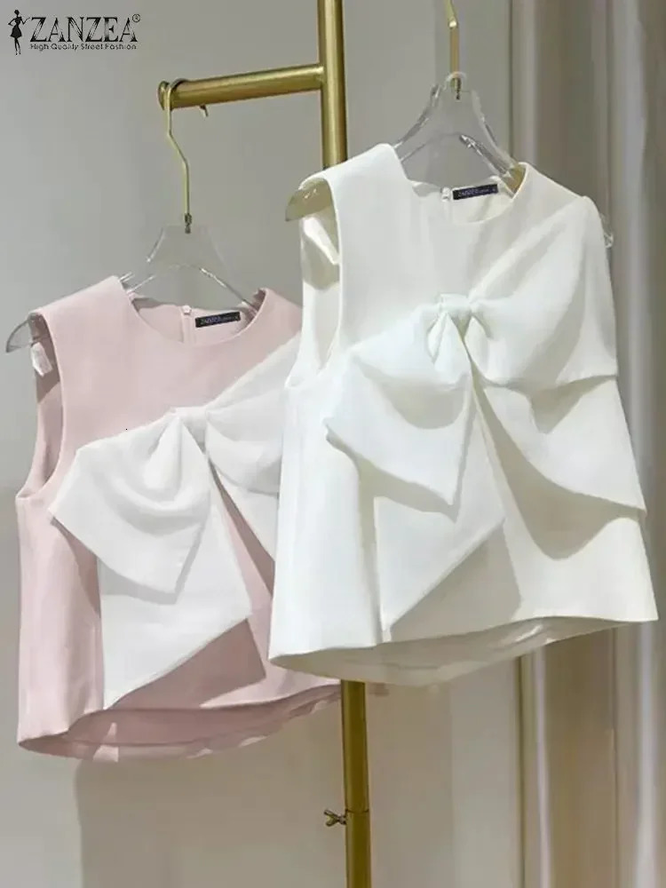 ZANZEA Summer Chic Sleeveless Oneck Tops Korean Sweet Bow Tie Tanks Beach Patchwork Tank Women Solid Blouse 250704