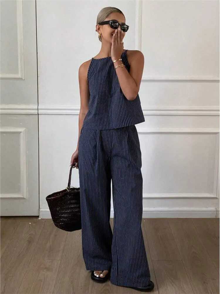 Summer Striped Print 2 Two Piece Set Women Casual Fashion Ladies Slveless Blouses Wide Leg Loose Woman Elastic Waist Pant X250704