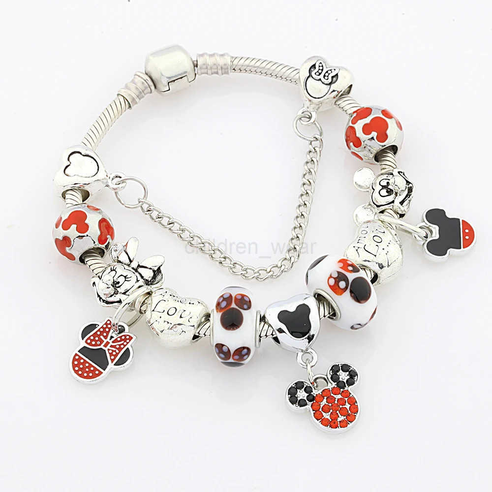 DISNEY Classic Red Enamel Heart Mickey Minnie Charm Bracelet for Women Girl Boy Gift Silver Color Cartoon Animal Disney Beads Bracelets W20250704