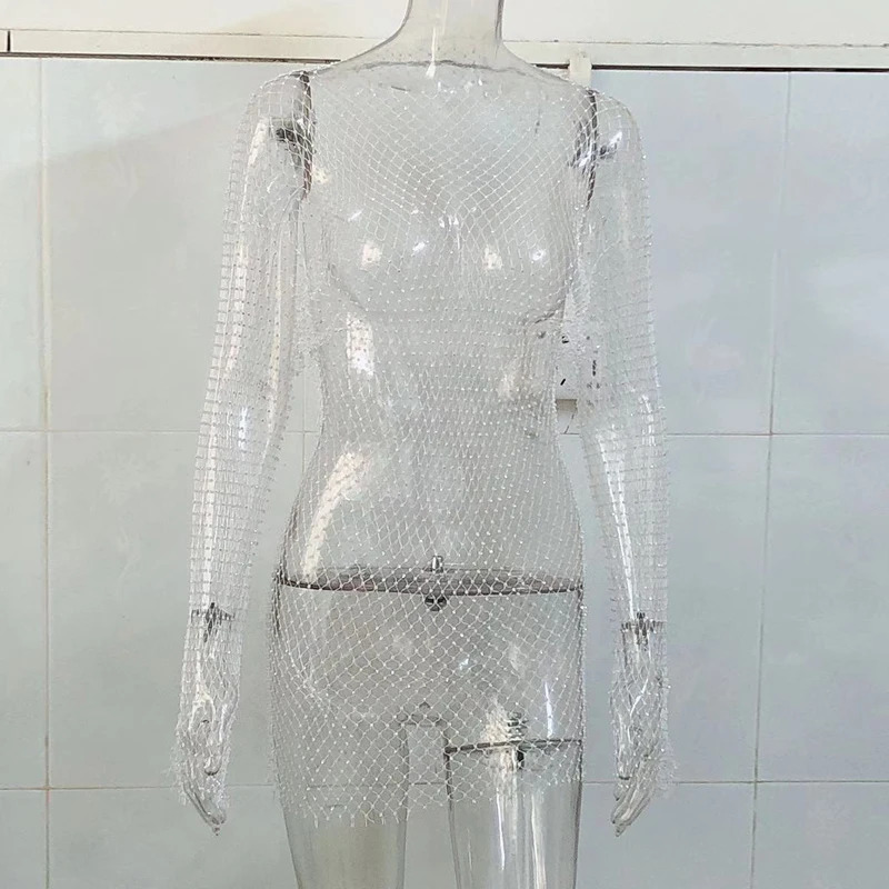Wholesale Shiny Rhinestones Sequin Fishnet Women Mini Dress Sexy Long Sleeve Mesh Hollow Out Transparent Party Clubwear Dresses 250704