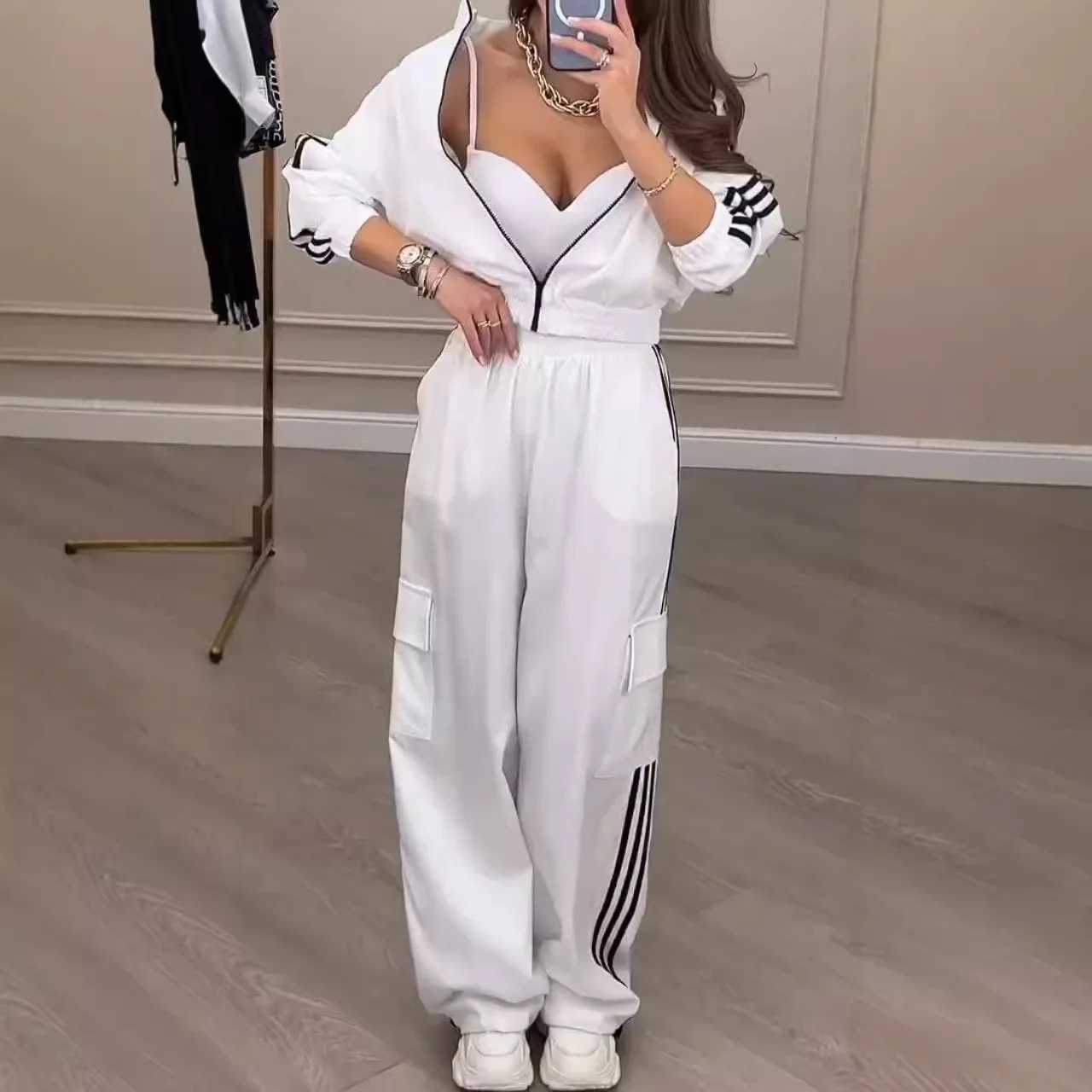 Sports Trousers Loose White Casual Womens Set Fashion Zipper High-waisted Hoodie + Wide-leg Overalls 2-piece Sweatshirt Suit X250704