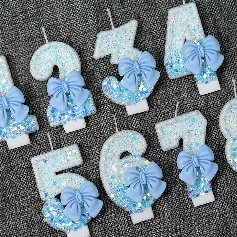 Birthday Number Candle 0 1 2 3 4 5 6 7 8 9 Blue Bow Cake Candle Decoration Party Cake Topper Decor Anniversary Decor W250704