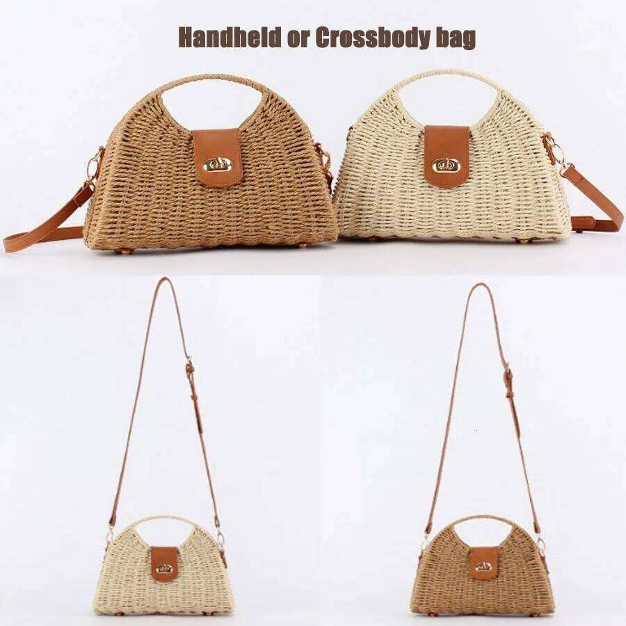 Luxurious designer 2025 model casual woven basket-style handbag. Handmade. Beach-use straw shoulder-to-back carry-on bag for summer.