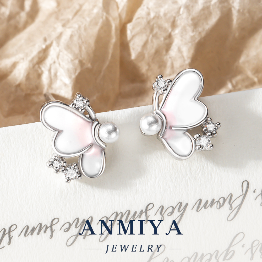 Enamel Butterfly Wing Silver Jewelry for Women 925 Sterling Stud Earring with Pearl Accents for Daily Accessories