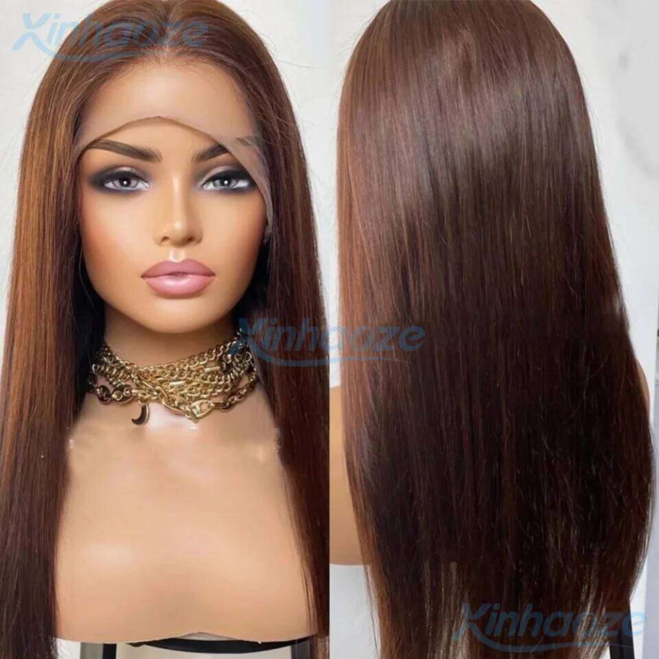 Dark Brown Chocolate Straight Glueless Full Human Hair Pre Plucked Brazilian Remy 13x4 Silk Top Lace Front Wigs