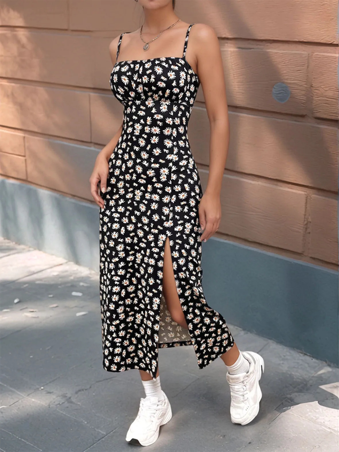 Women Floral Print Sleeveless Dress High Slit Bodycon Midi Sundress French Vintage Style for Beach Date Night Office Party 250704