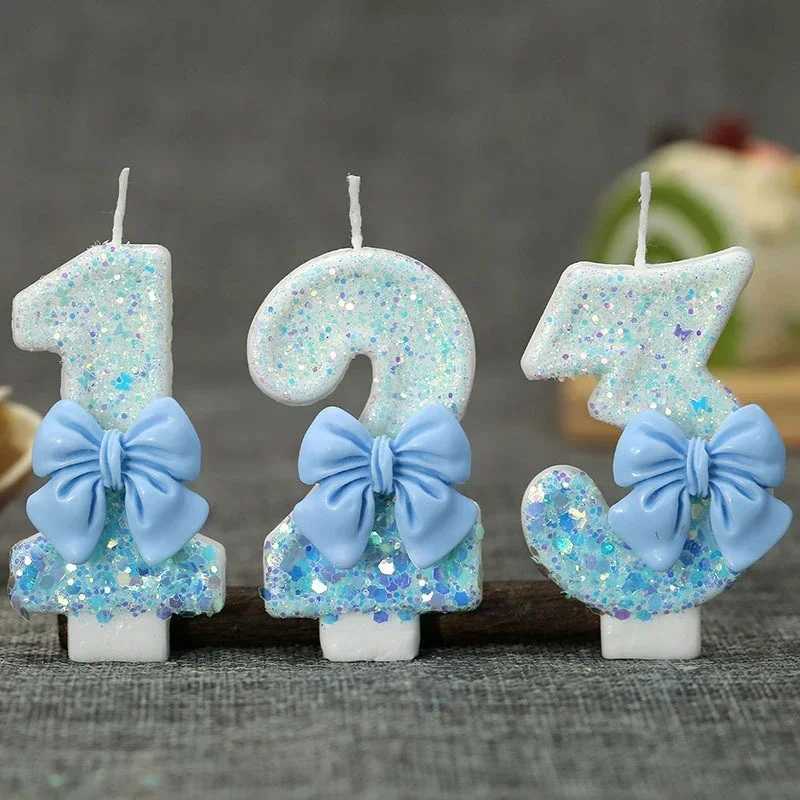 Birthday Number Candle 0 1 2 3 4 5 6 7 8 9 Blue Bow Cake Candle Decoration Party Cake Topper Decor Anniversary Decor W250704