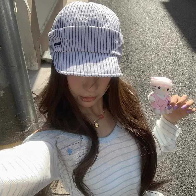 Japanese Retro White Striped Cap Wens Summer Literary and Artistic Face Hat Light and Breathable Sunshade Baseball Cap X250704