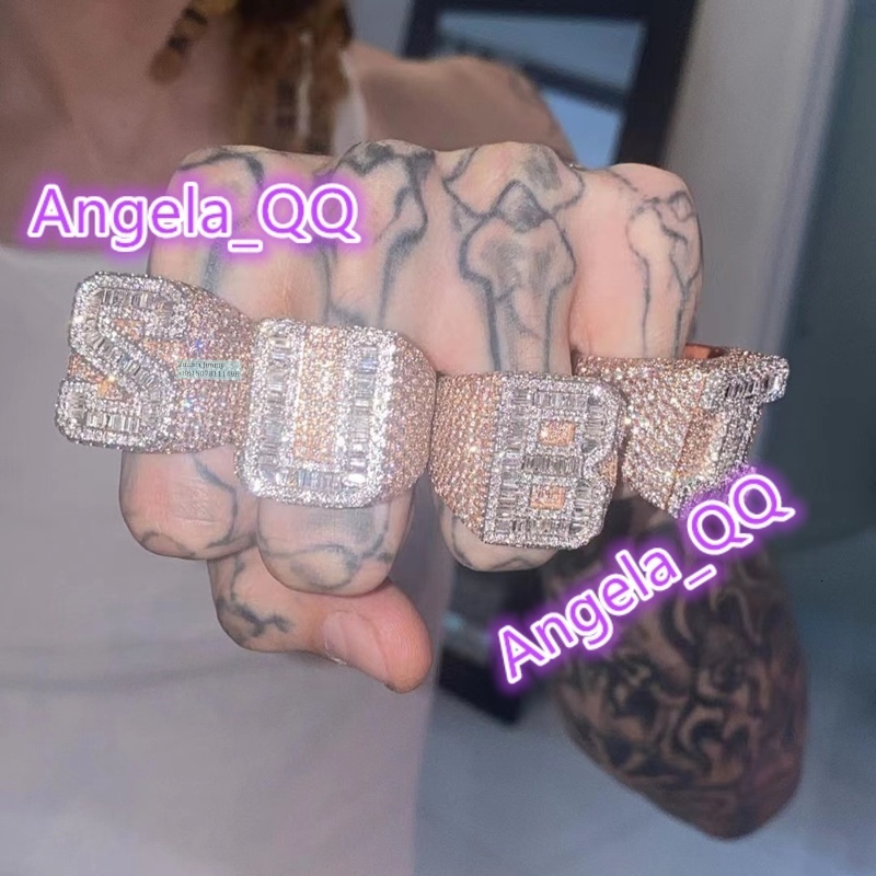 Custom Made 925 Sterling Silver Iced Out A-Z Initial VVS1 Baguette Moissanite Diamond Pinky Rings for Man