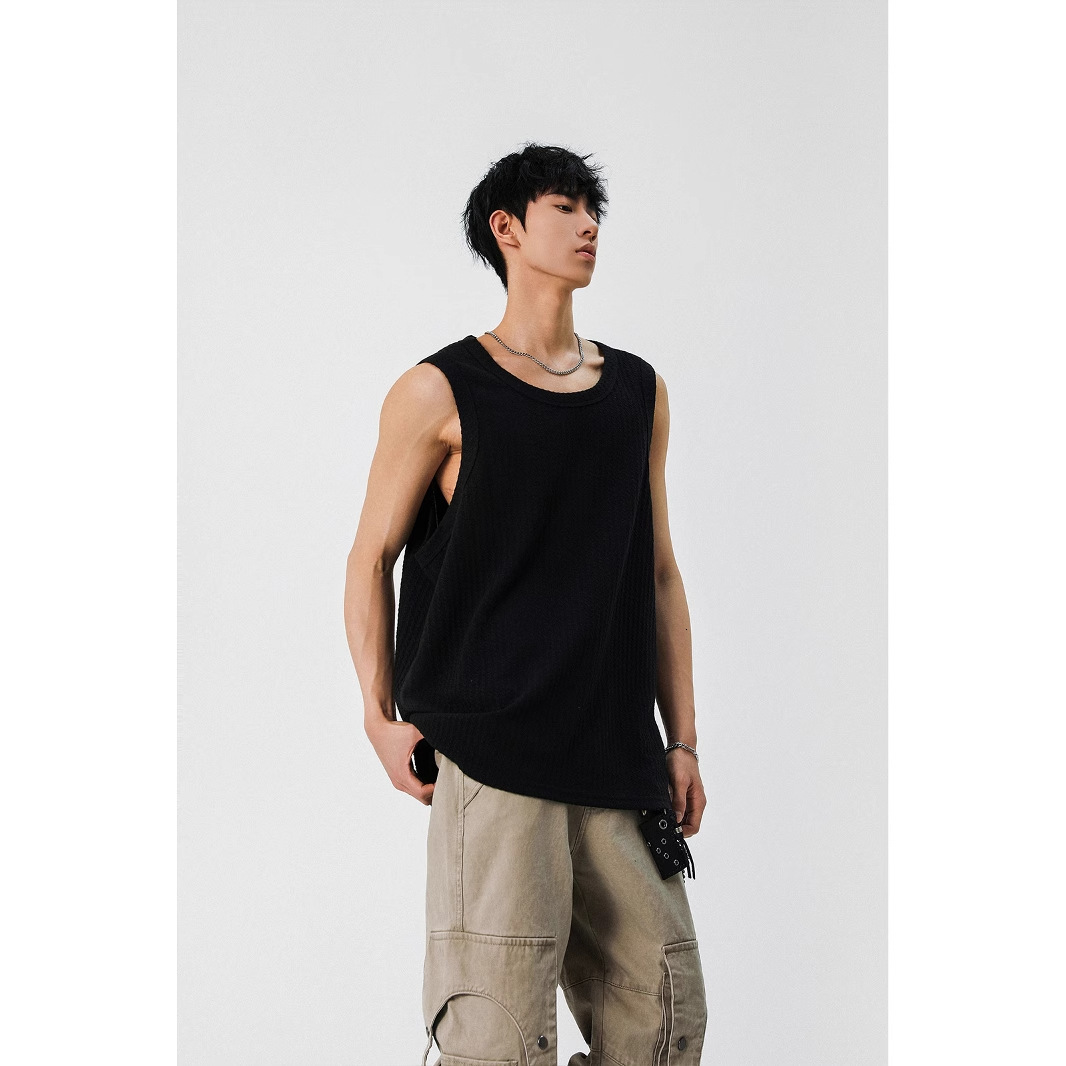 Textured White Tank Designer Short Sleeves Top For Men 2025 Summer New Simple Trendy Cross-shoulder Loose Casual Sleeveless T-shirt