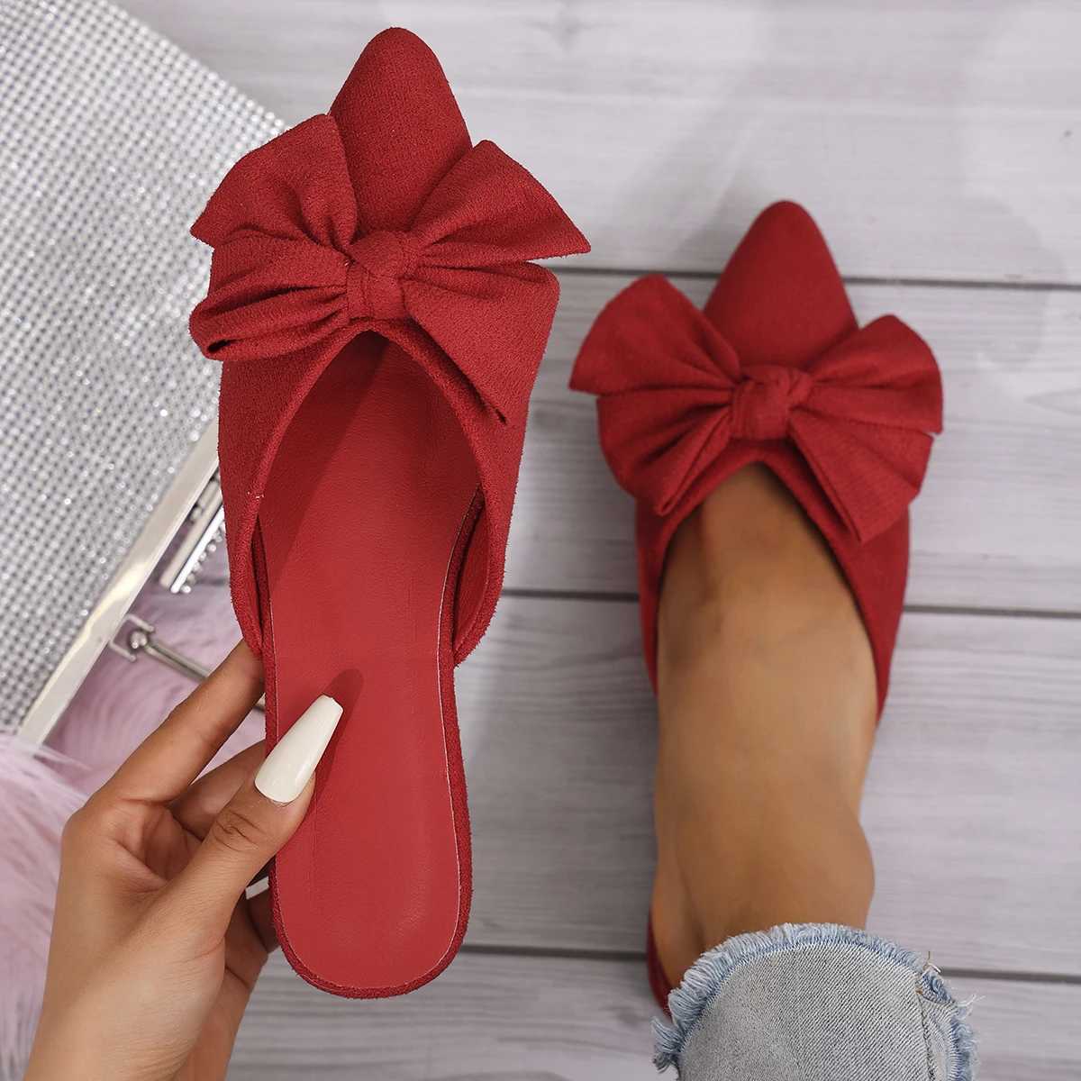 Women Bow Flats Slippers Summer Square Toe Closed Toe Sandals Non Slip Beach Shoes Big Size Pointed Toe Slippers Women Slides Women W250704