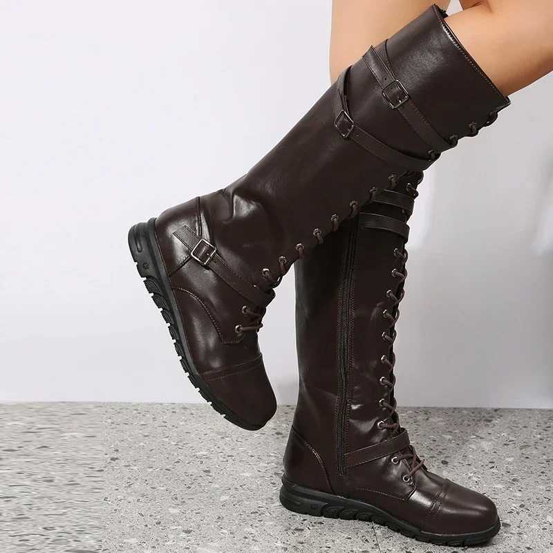 Winter Boots for Women 2023 Combat Cowboy Knee High Long Leather Platform Shoes Black Gothic New Rock Punk Solid Womens Boots Z250704