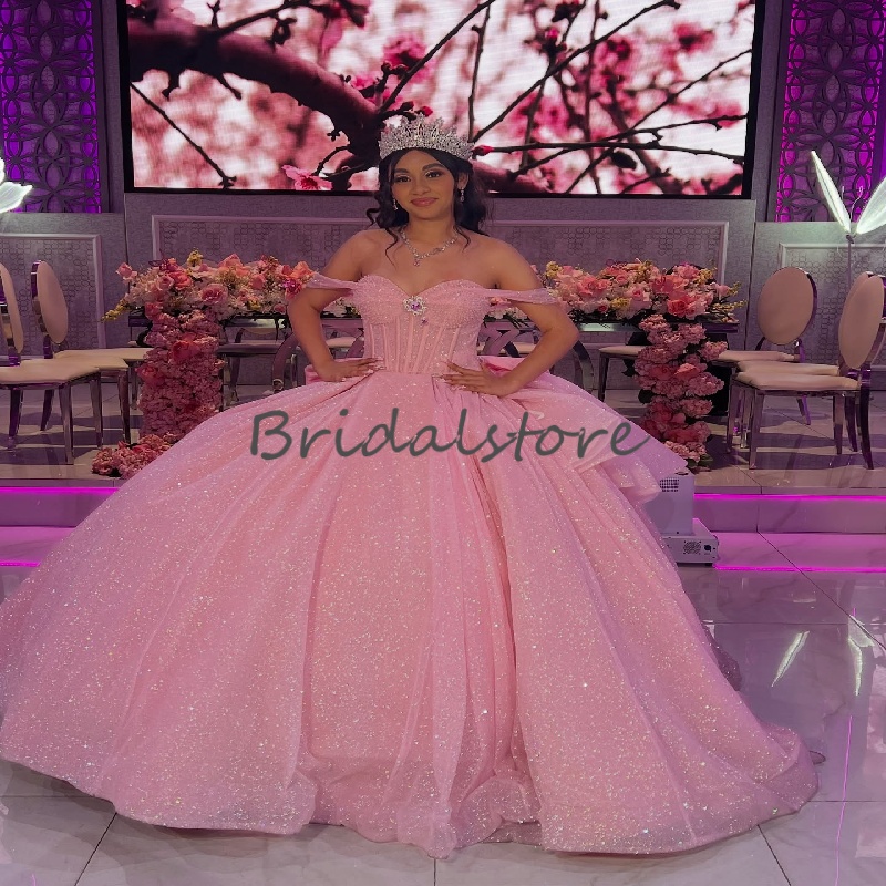 Dreamy Pink Quinceanera Dress 2025 Sparkly Ball Gown Sequin Vestido De 15 Xv Anos Beaded Off Shoulders Birthday Party Sweet 16 Dress Formal Occasion P