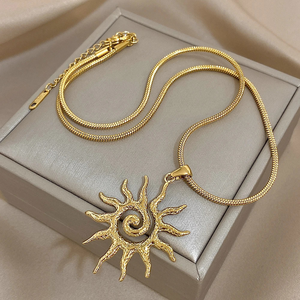 Flashbuy Vintage Chic Sun Shaped Pendant Stainless Steel Necklace Statement Golden Fashion Jewlery Gift 250701