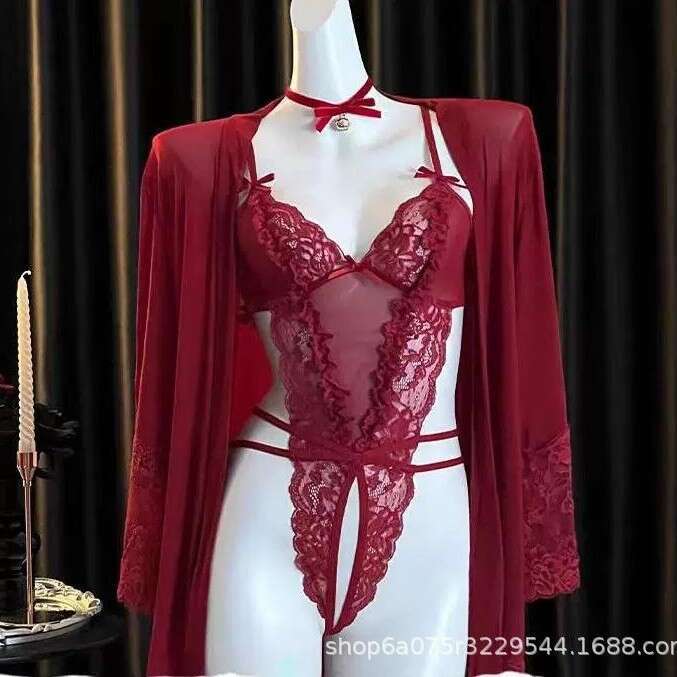 Sexy Lingerie New Sexy Lingerie Lace Bodysuit See-Through Robe Red Uniform Temptation Hollow Out Set For Women Women Lingerie
