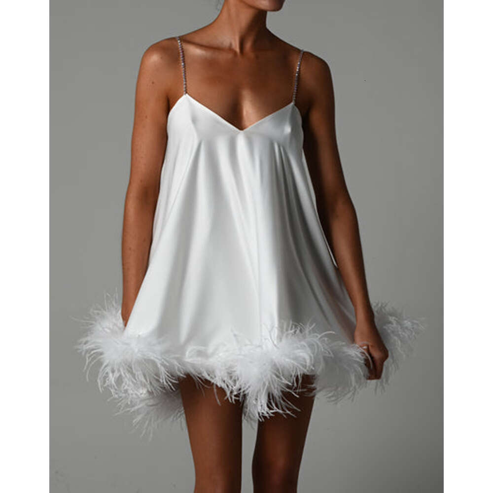 White Skirt Maxi Skirt Summer New Women S Fashion Hardware Chain Strap Backless Sexy Flared Ostrich Feather Dress Long Skirt
