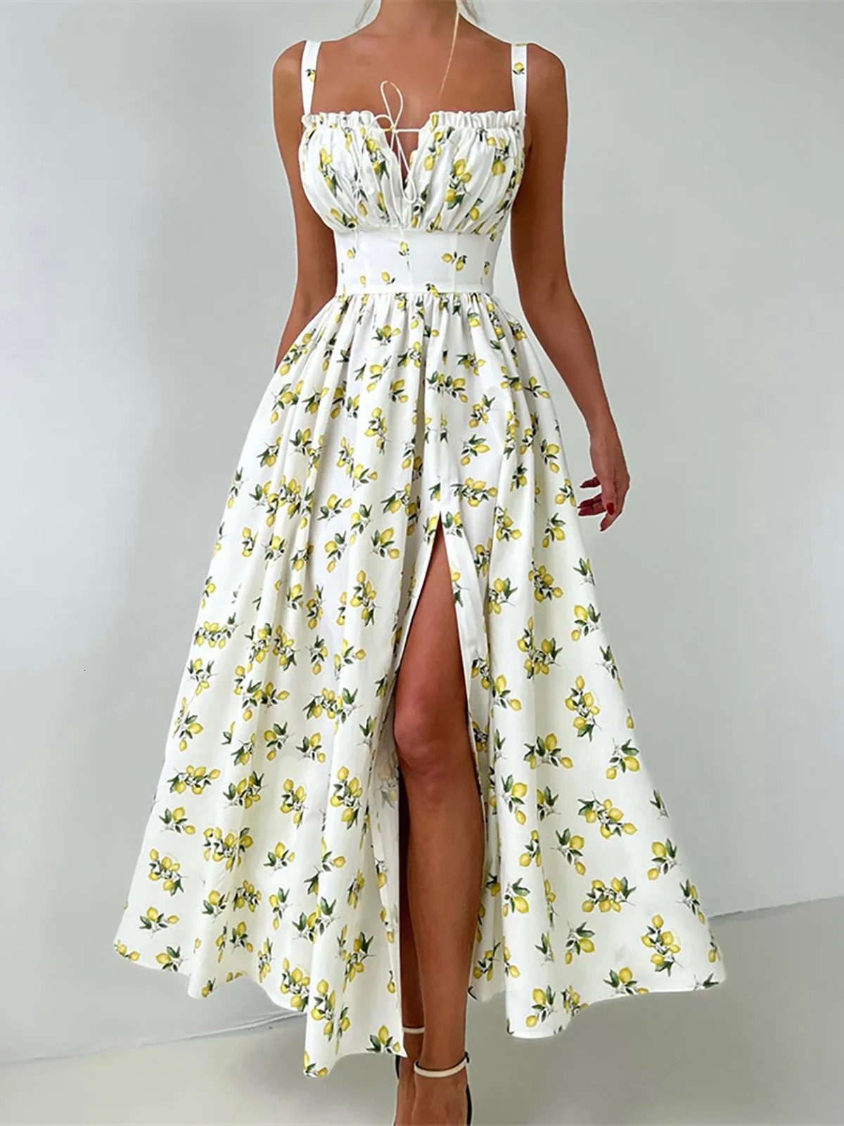 Lemon Printed V Neck Summer Dress Evening Party Bodycon Elegant Long For Women Tight Sleeveless Womens D555 250704