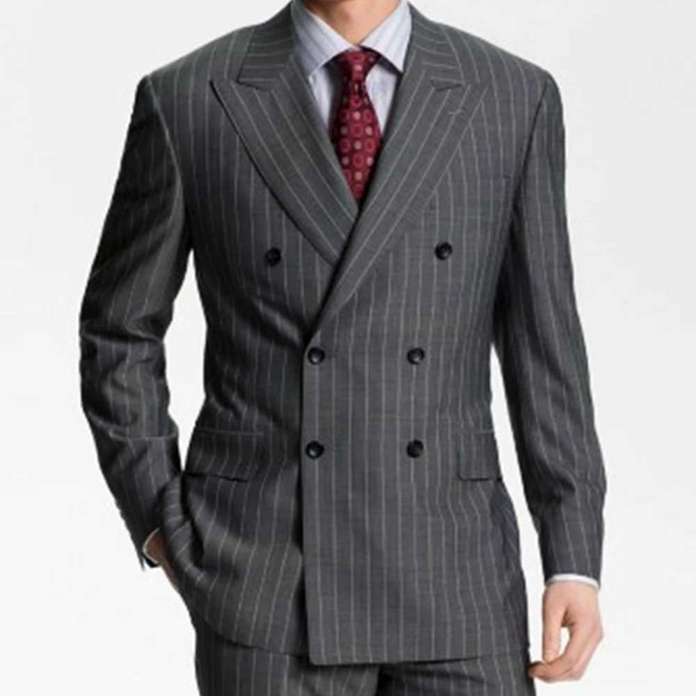 Dark Gray Wide Stripe Double Breasted Suits for Men| Custom Tailored Fit with Cuffed Pants Wide Lapel Business Formal Wear X250704