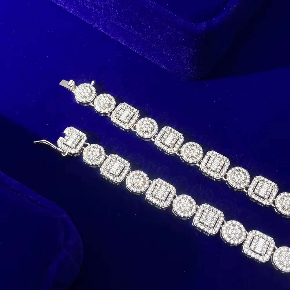 European and American Hip Hop Round Square Diamond Baguette Gold Plated Cz Zircon Cuban Link Chain S925 Silver Jewelry Necklace