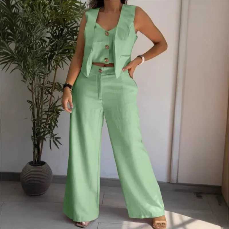 Womens Casual Vest Long Pants Set Summer New Fashion White Black Slveless Short Tank Top And Wide Leg Pants Thr Pieces Sets X250704