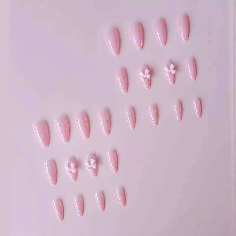 24Pcs Medium Al Press-On Pink Nails Glossy Elegant Full Cover Nail Tips with Bow Design for Daily Simple Beauty Finger Wear X250704