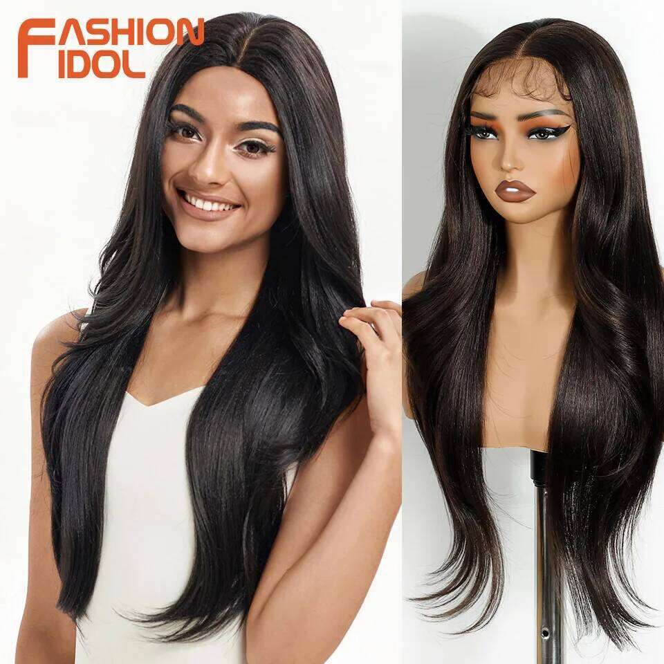 FASHION IDOL 28Inch 13X4 Front Synthetic Long Straight Lace For Women Ombre Blonde Wig Heat Resistant Cosplay Wigs