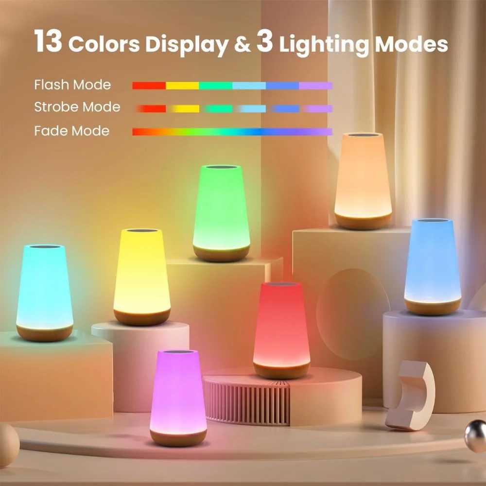 13 RGB Colors Night Lights USB Rechargeable Dimmable Touch Lamp Bedroom Portable Table Bedside Night Lamp Baby Kids Night LightXJ250703