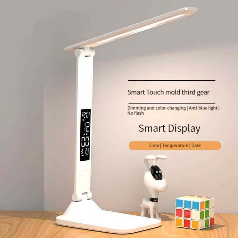 LED Clock Desk Lamp USB Rechargeable/Plug-in Dimmable Desk Lamp 2 Heads 180 Rotatable Foldable Eye Protection Reading Night Light XJ250703