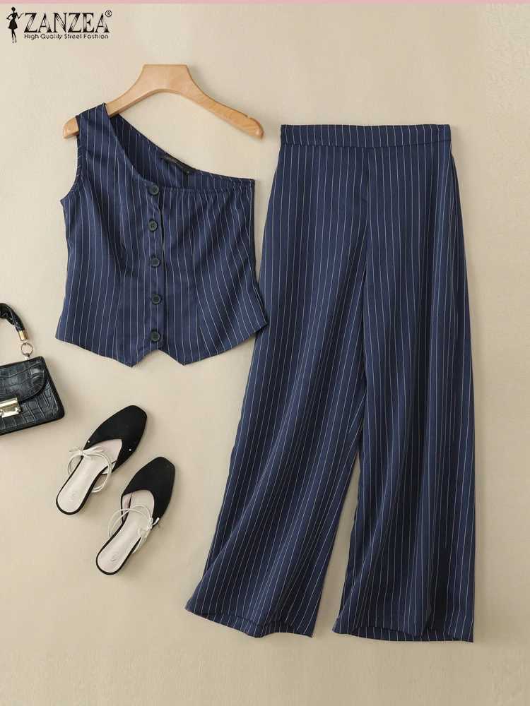 ZANZEA Sexy One-Shoulder Tops Fashion Two Piece Outfits Strtwear Woman Striped Summer 2 Pieces Sets Wide-Leg Pants Pant Sets X250704