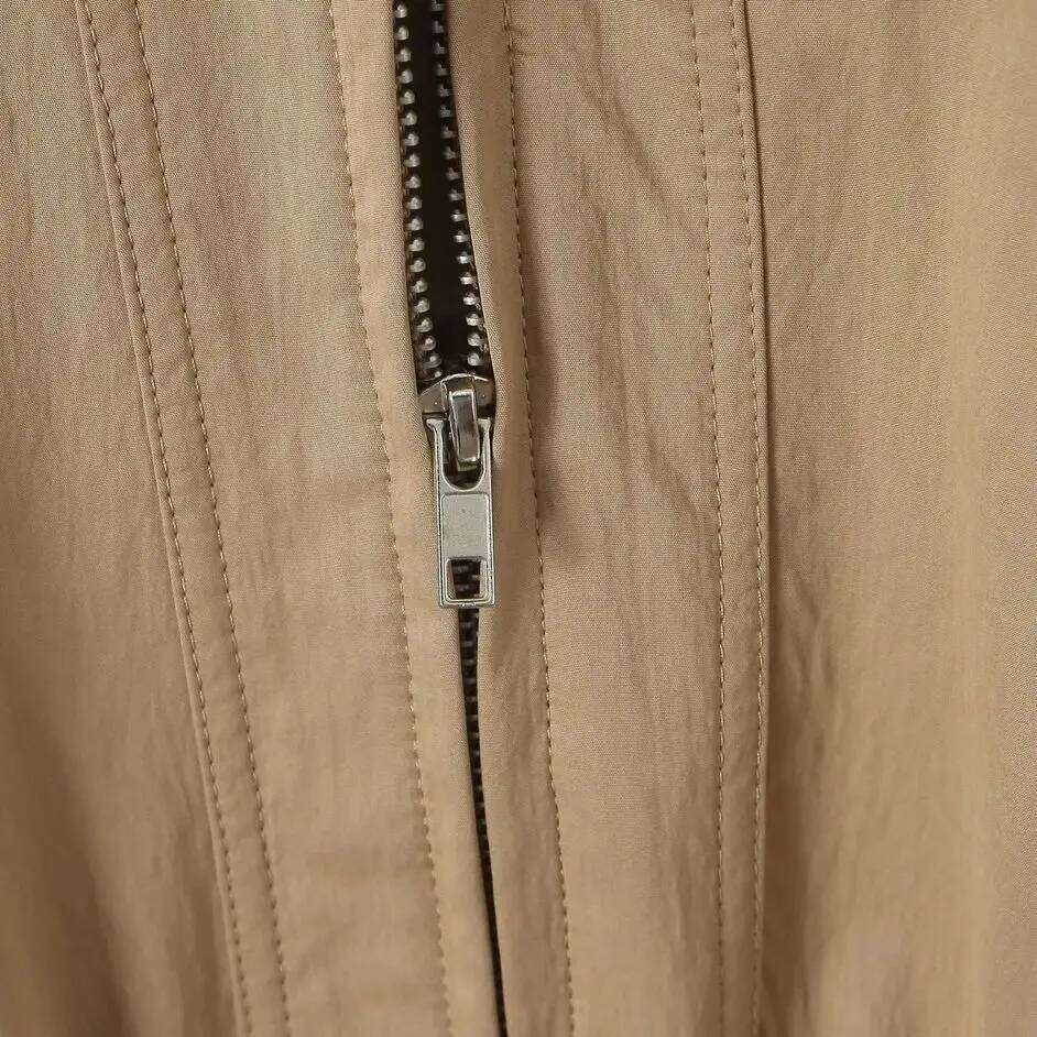 2025 Spring Women Khaki Spliced Faux Leather Lapel Safari Coat Front 2 Pockets Elastic Waist Zipper Jacket Loose Outerwear 250704