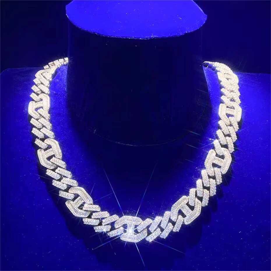 Hip Hop Jewelry 15.5MM Figarucci Coffee Bean Link Prong Zircon Claw Baguette Cut 925 Silver Cuban Chain Necklace