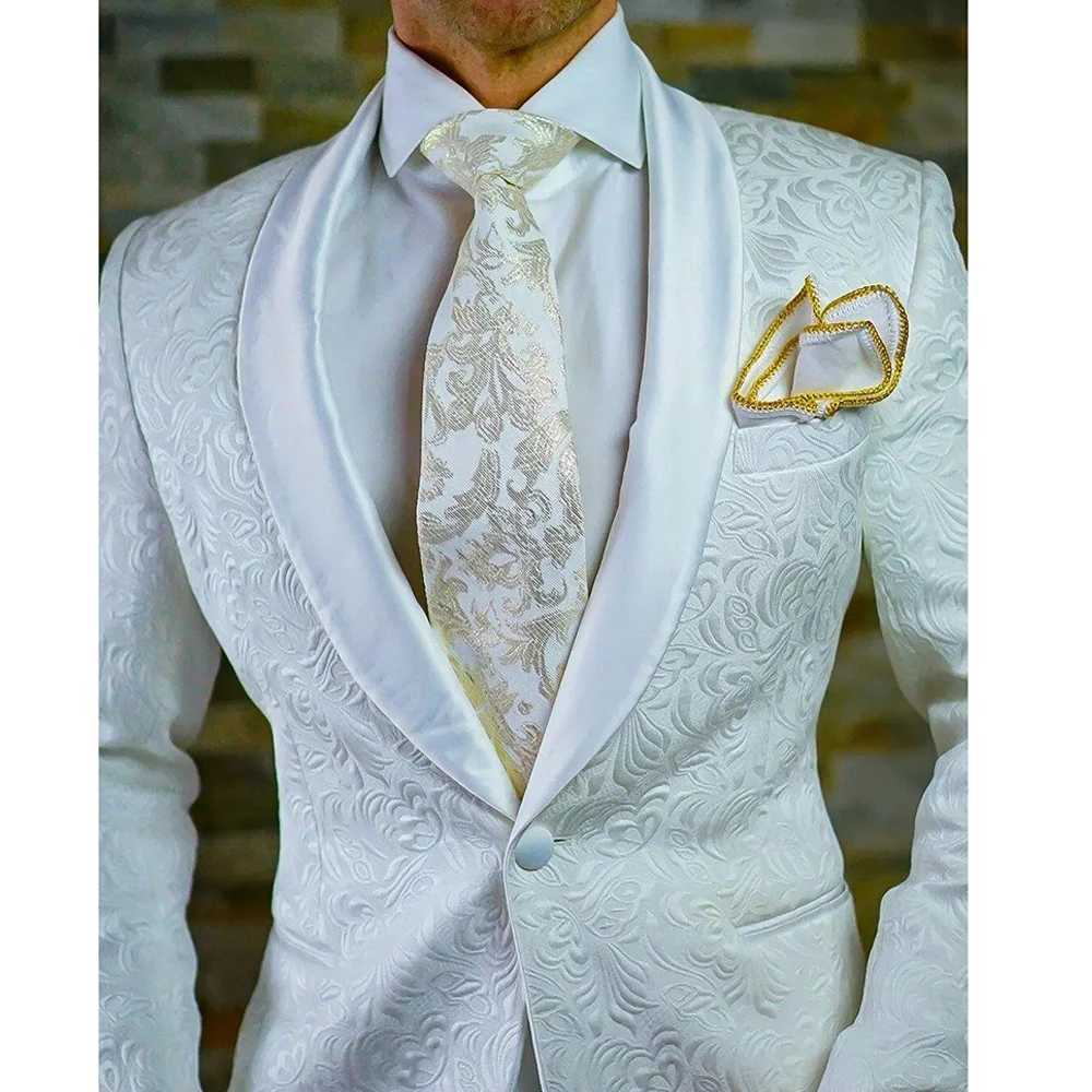 100% Cotton Mens Suits One Button White Jacquard Slim Fit Male Clothing Shawl Lapel Skinny 2 Piece Jacket Pants Outfits Full Set X250704