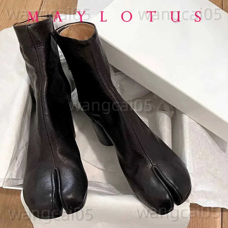 2025 Split Toe Tabi Boots Leather Chunky Heels Ankle Boots for Women Winter Short Booties Tabi Ninja Chelsea Botas Mujer T250704