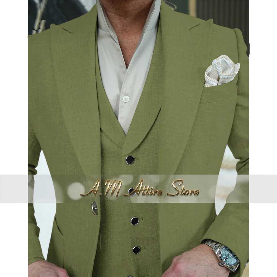 3 PCS Mens Wedding Suit Gray Thin Linen Peak Lapel Blazer Vest Pants Set for Groom Wedding Prom Summer Party Custom Tuxedo X250704