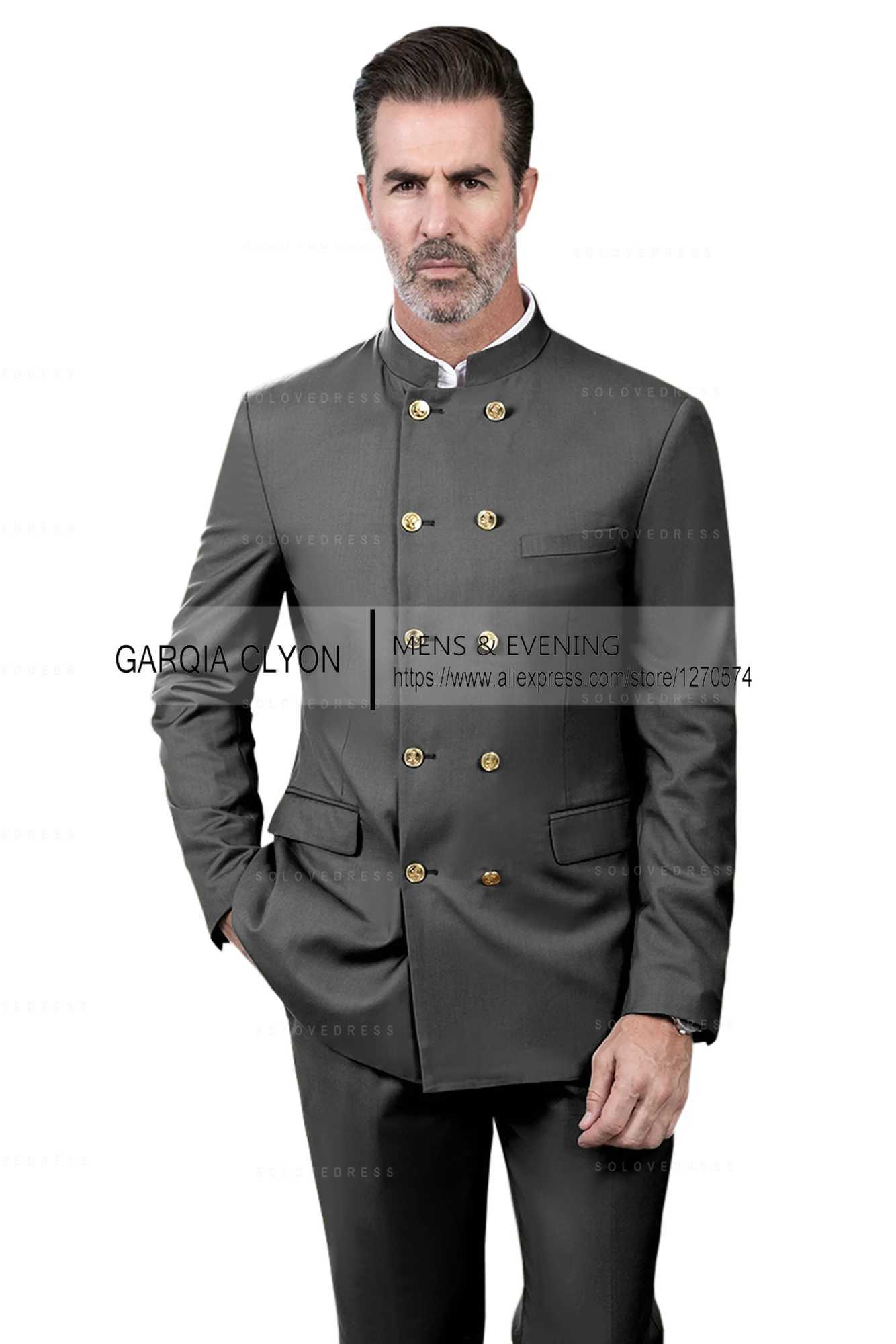 2 Piece Stand Collar Double-Breasted Chinese Style Mens Suits With 3 Real Pocket Wedding Suits Tailored Fit (Blazer+Pants) X250704