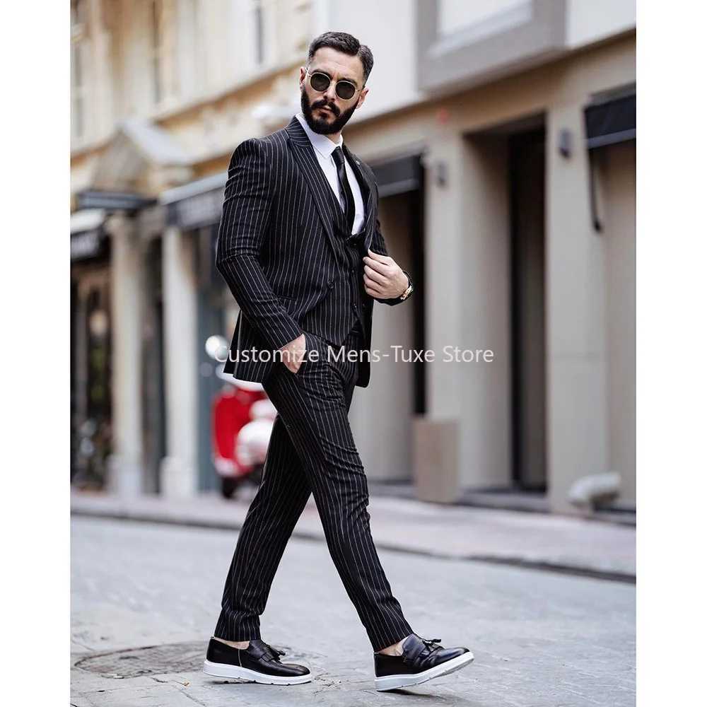 igh Quality Black Pinstripe Men Suits Single Breasted Peak Lapel Formal Wedding with Piece Jacket Pants Vest Slim Fit Blazer Set X250704