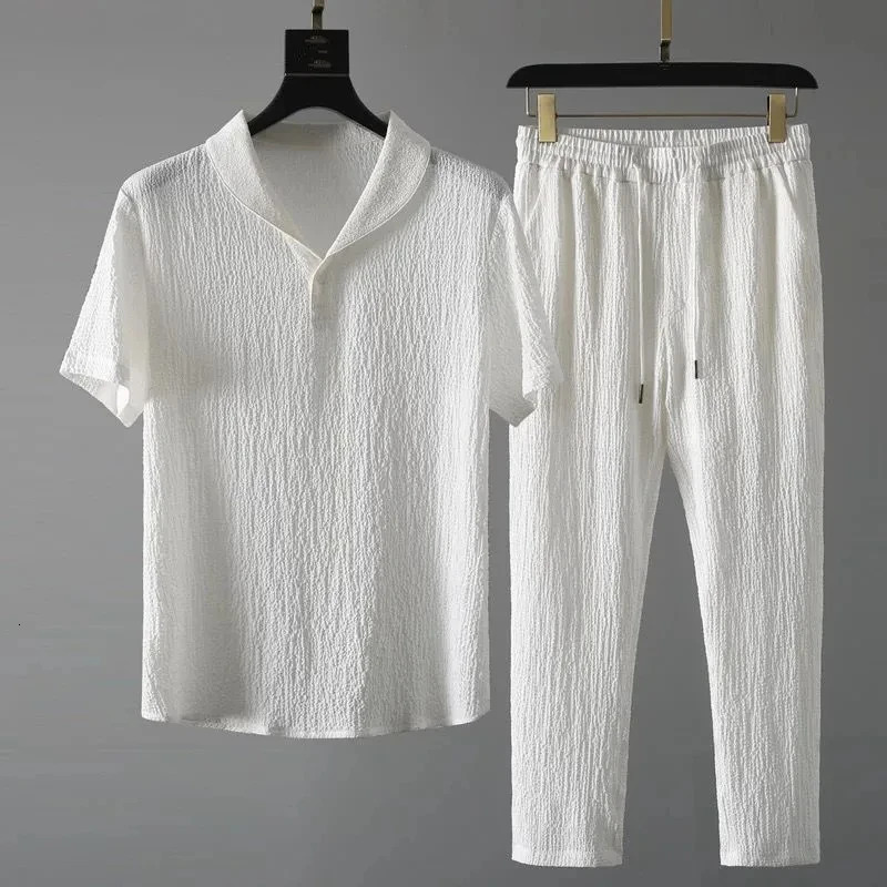 Mens Classic Shirt And Pants Set Business Casual Summer Fashion Size M To 4xl Striped Loose High Elastic 250704